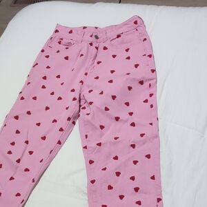 Pink Jeans with Red Heart Pattern